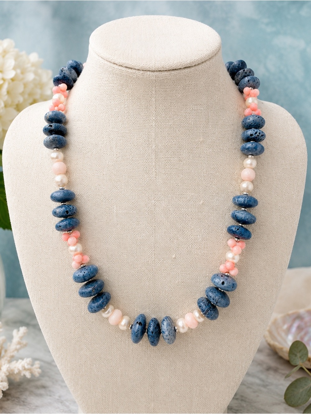 Artisan Blue Sponge Coral Carved Angel Skin Coral Pearls Necklace Sterling 18”
